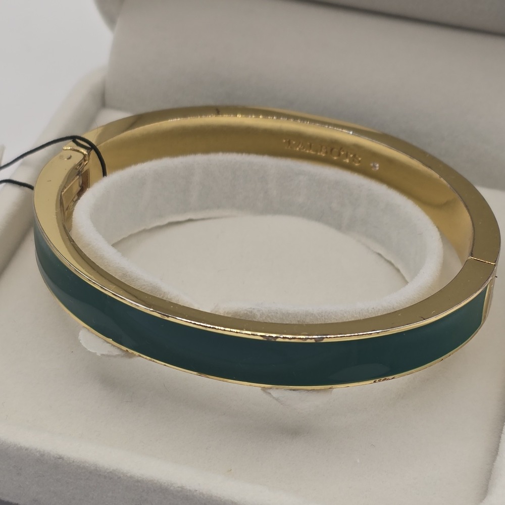 Talbots Green Enamel Hinged Bangle Bracelet Gold Tone Clamp Signed - Picture 3 of 15
